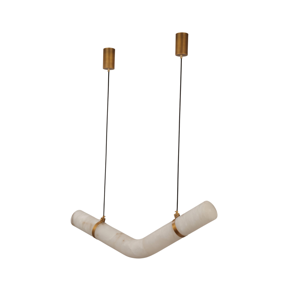 Zareon Small LED chandelier with angled alabaster cylinders joined by brushed brass cuffs, suspended on twin black cables against a plain white background.