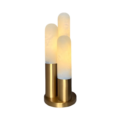 The Altessa 3 Light Vertical Alabaster Table Lamp in soft white and brass features three cylindrical frosted glass shades with gold metallic bases, offering a modern design that emits a soft, warm glow.