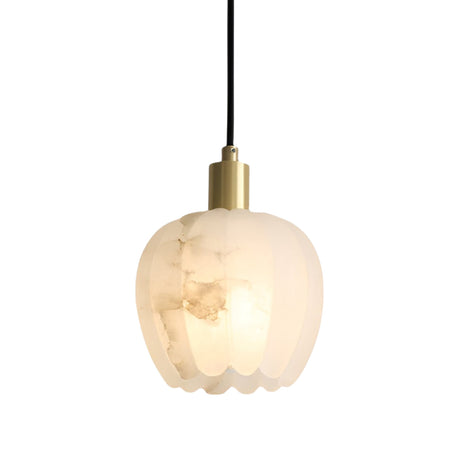 The Olivaro 1 Light Petal Form Alabaster Single Pendant Light features a soft white, scalloped alabaster shade with subtle marbling, suspended from a black cord and finished with brushed brass accents.