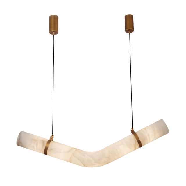 Zareon Large chevron pendant light with a bent alabaster tube held by brushed brass collars, suspended on twin cables against a plain white background.