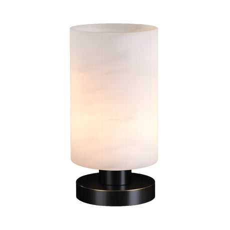 The Cylorin LED Cylindrical Alabaster Table Lamp in soft white and black features a frosted glass cylinder shade and a round black base, displayed against a plain white background.