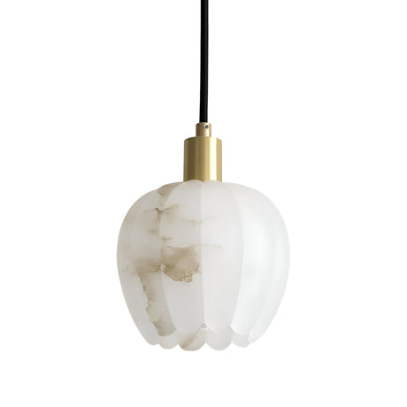 The Olivaro 1 Light Petal Form Alabaster Single Pendant Light features a soft white scalloped shade with subtle marbling, hanging from a black cord with a brushed brass fixture for a modern look.