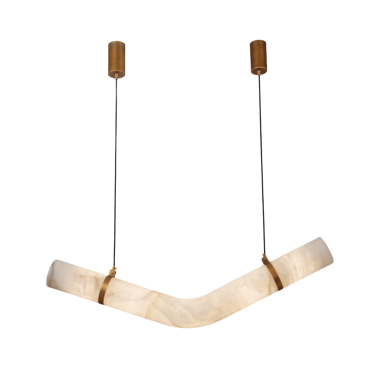 Zareon LED Chevron Alabaster Chandelier with two angled alabaster cylinders joined by brushed brass collars, suspended from cylindrical brass ceiling mounts.