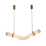 Zareon LED Chevron Alabaster Chandelier with two angled alabaster cylinders joined by brushed brass collars, suspended from cylindrical brass ceiling mounts.