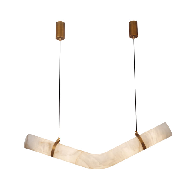 Zareon LED Chevron Alabaster Chandelier with two angled alabaster cylinders joined by brushed brass collars, suspended from cylindrical brass ceiling mounts.