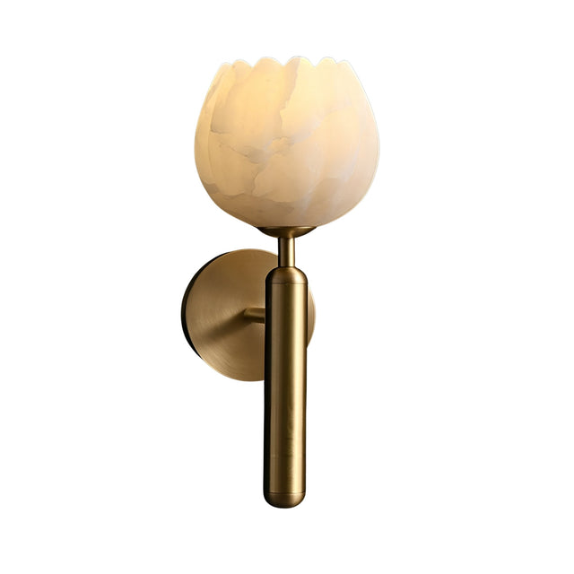 The Olivaro 1 Light Pedal Form Alabaster Wall Light features a soft white, tulip-inspired alabaster shade and a brushed brass base for an elegant, sculptural accent on your wall.