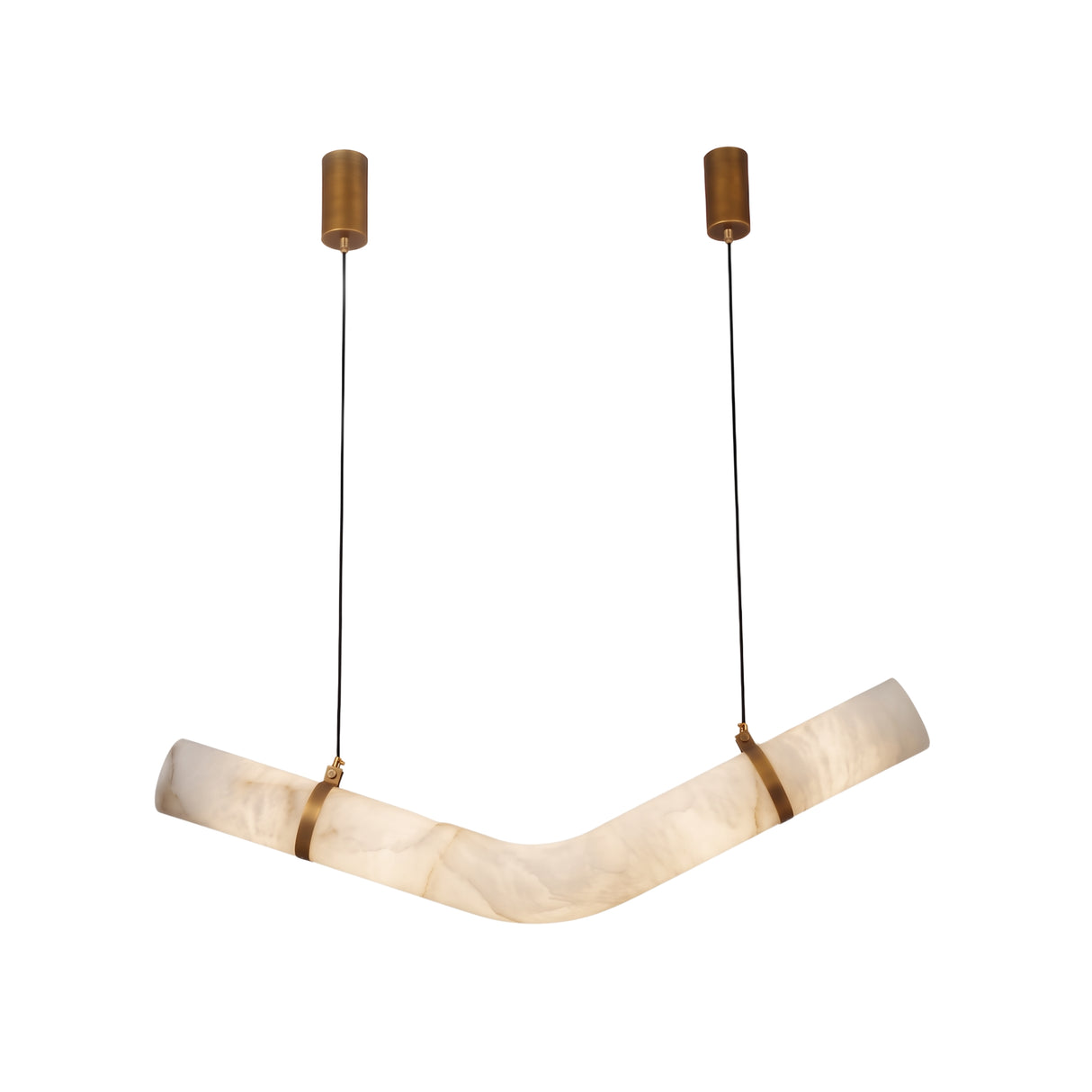 Zareon LED Small Chevron Alabaster Chandelier in brushed brass, an angled boomerang-shaped pendant with twin cables and brass cuffs, shown on a white background.