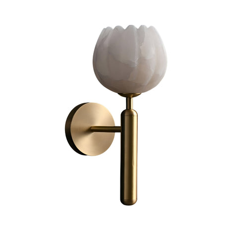 The Olivaro 1 Light Pedal Form Alabaster Wall Light in soft white and brushed brass features a sculptural design with a tulip-shaped alabaster shade, mounted on a circular wall plate against a white background.