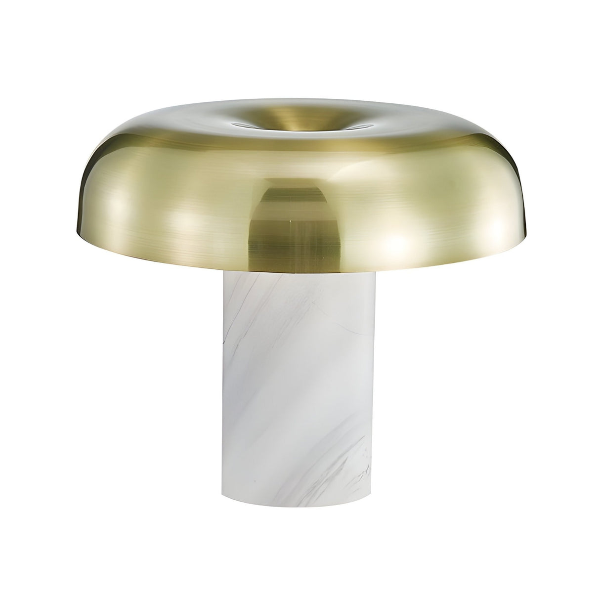 The Arven LED Mushroom Form Marble Table Lamp features a soft white cylindrical marble base and a wide, rounded metallic gold shade, blending modern style with timeless elegance.
