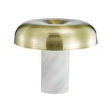 The Arven LED Mushroom Form Marble Table Lamp features a soft white cylindrical marble base and a wide, rounded metallic gold shade, blending modern style with timeless elegance.