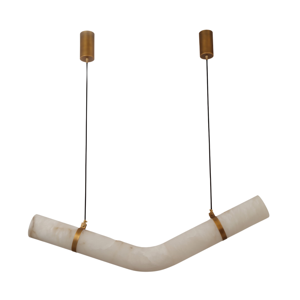 Zareon Large chevron-bent alabaster chandelier with brushed brass collars and twin suspension cables, integrated LED, on a plain white background.