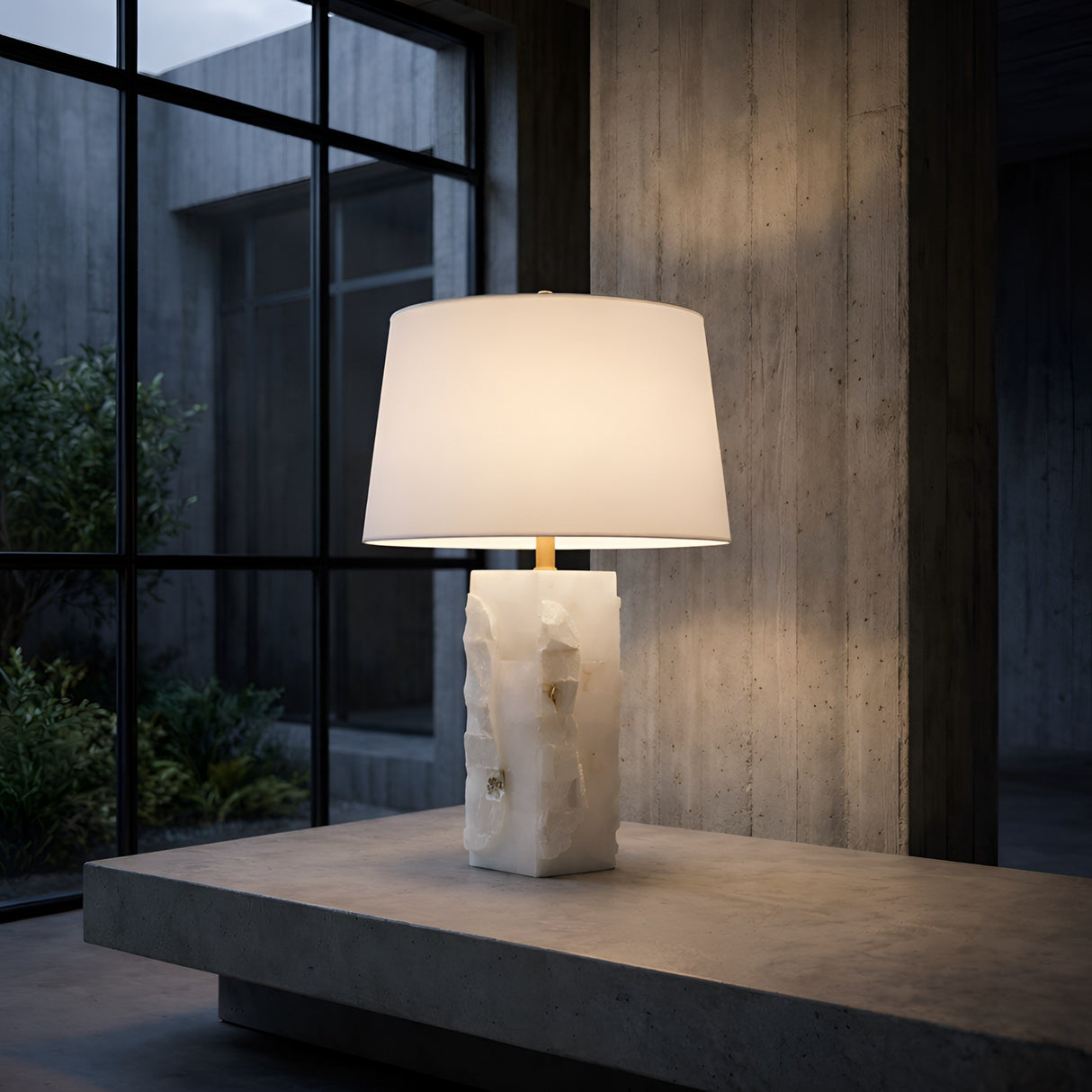 The Kavryn 1 Light Raw Cut Alabaster Table Lamp in Brass & Soft White, featuring a rectangular textured stone base and fabric shade, sits on a concrete surface in a minimalist room with large windows and concrete walls.