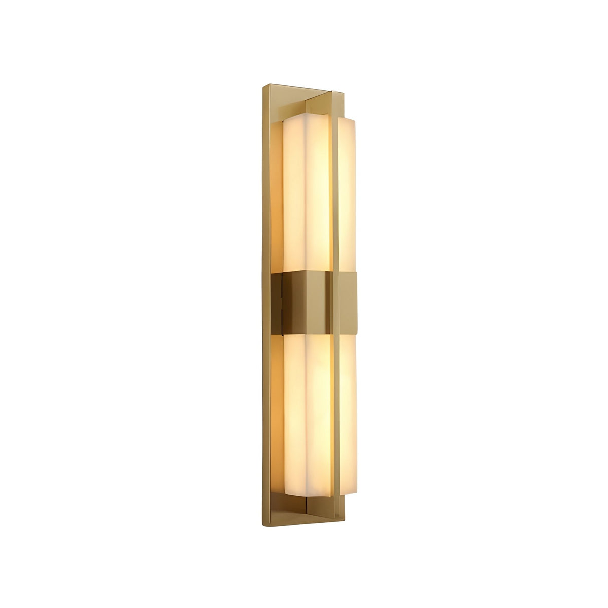 The Caldera LED Small Split-Core Alabaster Wall Light features a brushed brass base and two vertical alabaster diffusers, providing a warm, soft white glow.