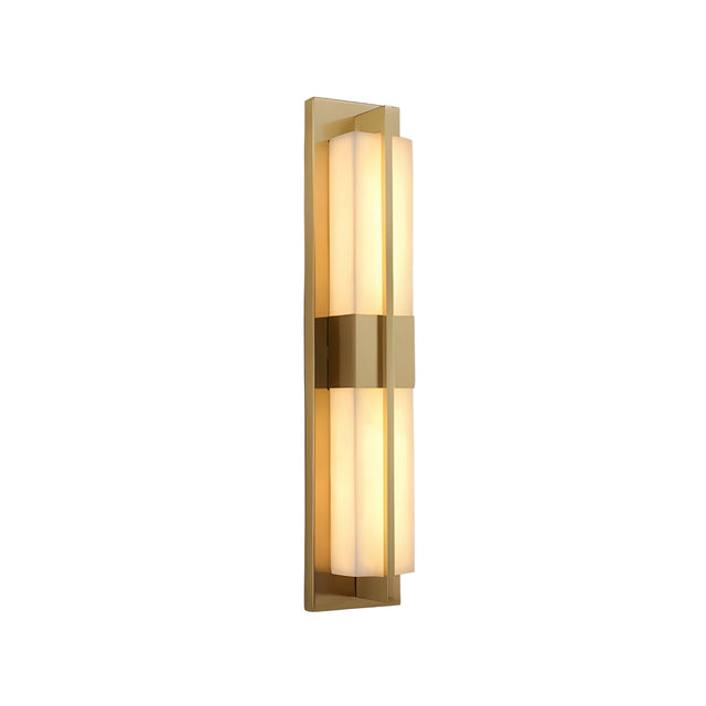The Caldera LED Small Split-Core Alabaster Wall Light features a brushed brass base and two vertical alabaster diffusers, providing a warm, soft white glow.