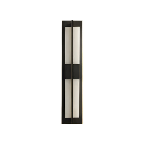 The Caldera LED Small Split-Core Alabaster Wall Light in matte black and soft white features a slim, vertical rectangular design with a central black square and two tall, narrow side panels.