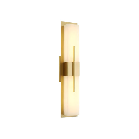 The Caldera LED Small Floating-Band Alabaster Wall Light in brushed brass and soft white showcases a vertical cylindrical frosted alabaster shade with a floating band frame, presented against a plain white background.