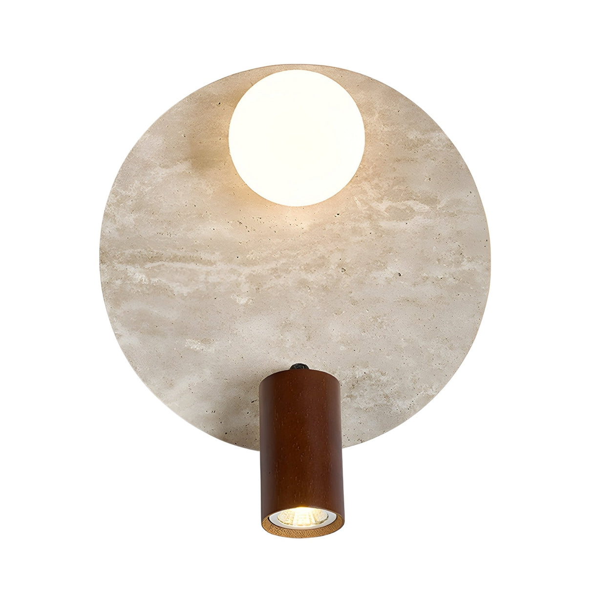The Korvane 2 Light Travertine Spotlight/Wall Light in Walnut Brown & Light Beige features a round beige travertine backplate, a glowing white orb above, and a walnut brown spotlight below, all set against a white background.