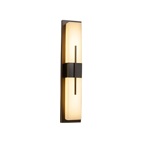 The Caldera LED Small Floating-Band Alabaster Wall Light in Matte Black & Soft White offers minimalist, sculptural lighting with a vertical rectangular shape, warm diffused glow, and a sleek black accent band for contemporary style.