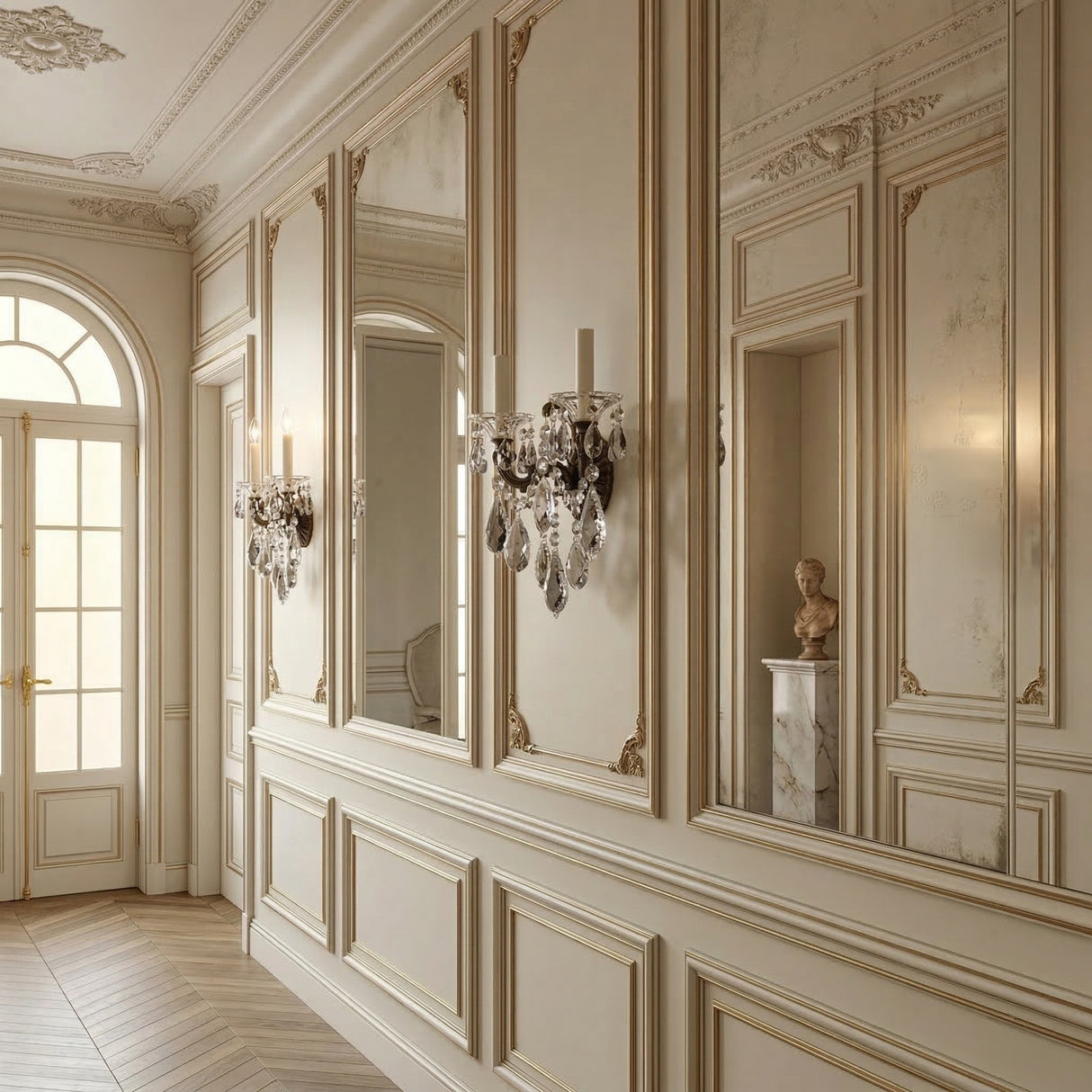 Elegant hallway features ornate cream wall panels, large mirrors, and Rococo lighting with the Vienna 2 Light K9 Crystal Wall Light. A marble pedestal displays a classical bust as sunlight pours through a tall arched glass-panel door.