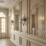 Elegant hallway features ornate cream wall panels, large mirrors, and Rococo lighting with the Vienna 2 Light K9 Crystal Wall Light. A marble pedestal displays a classical bust as sunlight pours through a tall arched glass-panel door.