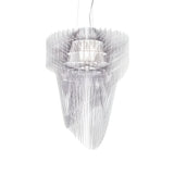 The Aeris 5 Light Large Chandelier - White features layered translucent panels and slender hanging strands, forming a striking geometric design that showcases modern chandelier style against a plain white backdrop.