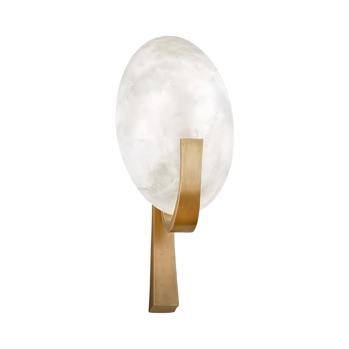 The Mica 1 Light Disc Alabaster Wall Light features a soft white oval alabaster shade held by a curved brushed brass arm, creating a modern look against any wall.