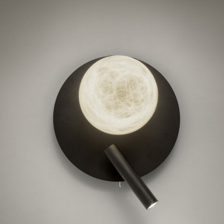 Halvessa LED dimmable wall light in black with a round backplate, glowing alabaster globe, and slim angled reading light, shown on a plain grey background.
