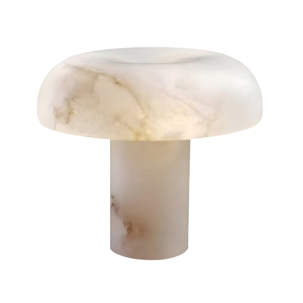 The Calvessa LED Solid Alabaster Mushroom Table Lamp in Soft White features smooth, translucent alabaster with delicate beige and brown veining, shown against a plain white background.