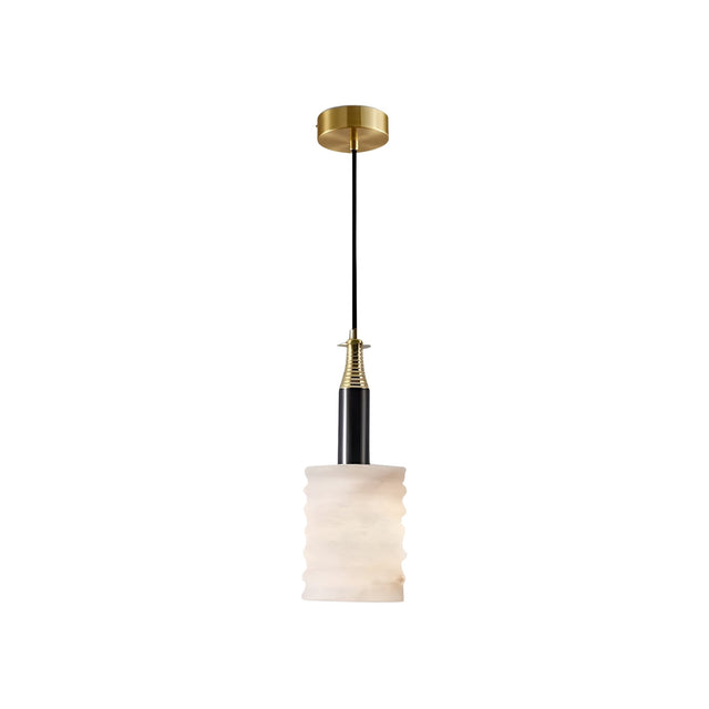 The Bellaro 1 Light Small Textured Column Alabaster Single Pendant Light features a soft white cylindrical shade with wavy edges, suspended by a black cord from a round brass mount with elegant black and gold accents.