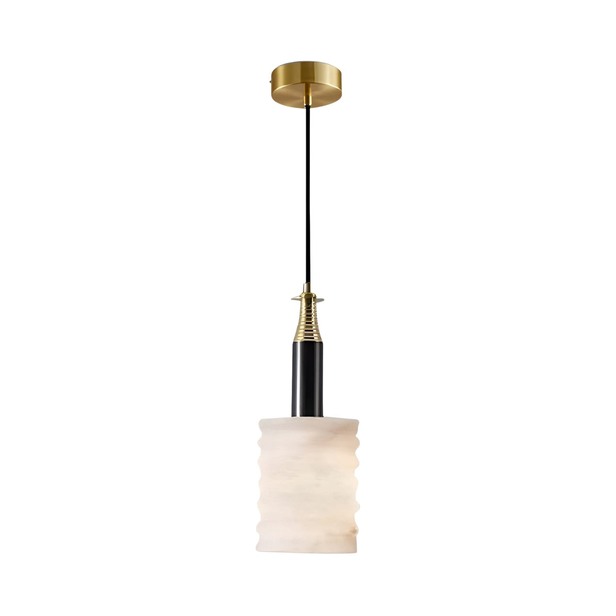 The Bellaro 1 Light Large Textured Column Alabaster Single Pendant Light features a soft white shade and brass suspension.