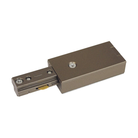 A compact component from the TRKSP series featuring a rectangular base and an extending rail with screw fixings, this satin nickel linear slide rail is designed for precision linear motion in various mechanical applications. It includes a visible yellow component and integrates the functionality of the Single Circuit Track Power Feed - Satin Nickel.