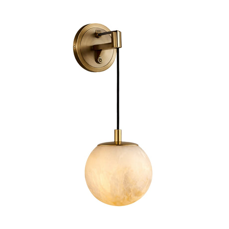 The Drisa 1 Light Hanging Globe Alabaster Wall Light features a soft white alabaster globe, a round brushed brass mount, and emits a warm, inviting glow—perfect for modern spaces.