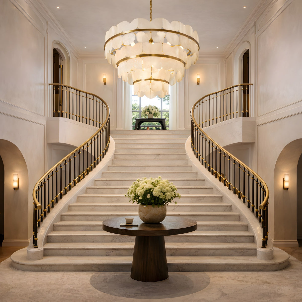 Grand foyer with a double curved staircase, a round table topped with white flowers, and the Petraia LED 3 Tier Floral Alabaster Chandelier in Brushed Brass & Soft White overhead, with natural light streaming through the window.