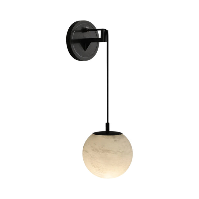 The Drisa 1 Light Hanging Globe Alabaster Wall Light features a matte black finish, round base, slim arm, and a soft white alabaster globe for a modern, contemporary look.