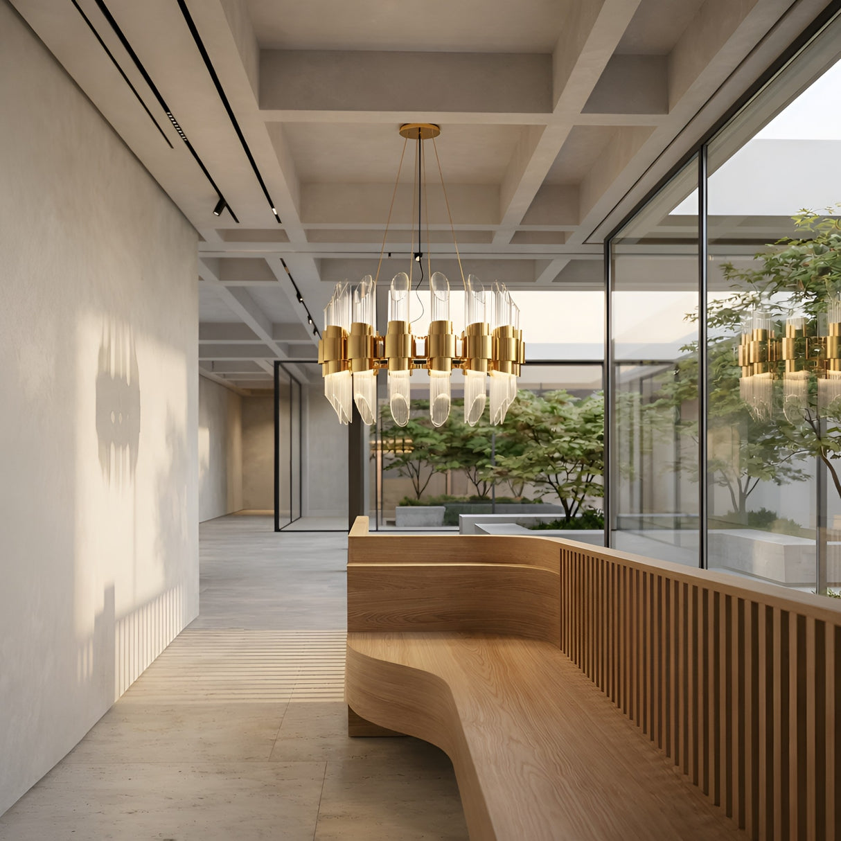 A modern, minimalist interior with a curved wooden bench, large windows, and the Tycho 6 Light Crystal Chandelier in gold and white, offering views of a green courtyard filled with trees and natural light.