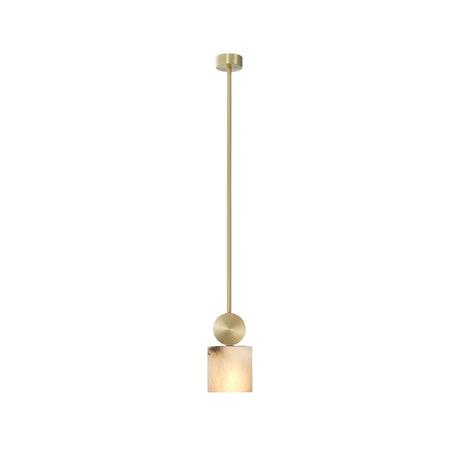 The Serano 1 Light Small Vertical Pillar Alabaster Single Pendant Light in Soft White & Brass features a sleek brass rod, round accent, and cube frosted glass shade for a minimalistic and elegant look.