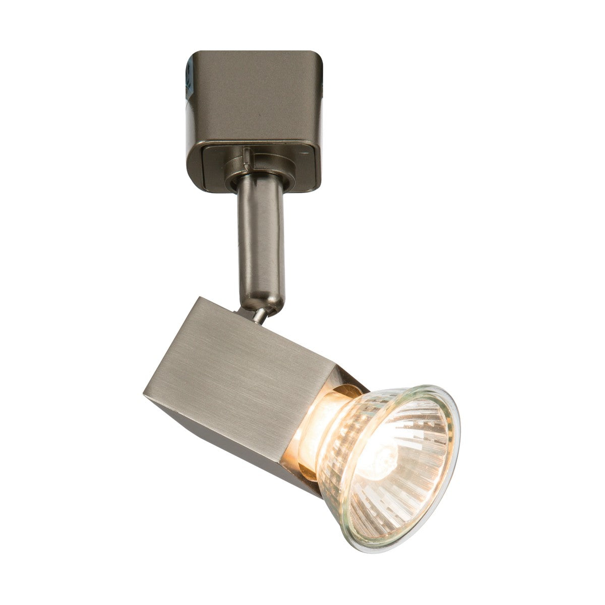Introducing the Square Track Spotlight - Brushed Chrome, a contemporary lighting fixture that boasts a sleek square base and an adjustable cylindrical head. Equipped with a dimmable spotlight and a halogen bulb, it elegantly casts a warm glow throughout your space.