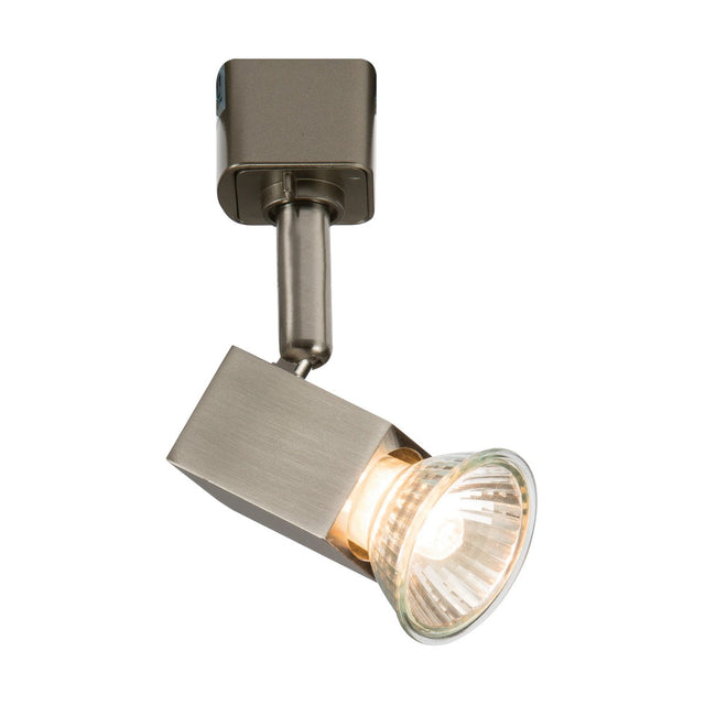 Introducing the Square Track Spotlight - Brushed Chrome, a contemporary lighting fixture that boasts a sleek square base and an adjustable cylindrical head. Equipped with a dimmable spotlight and a halogen bulb, it elegantly casts a warm glow throughout your space.