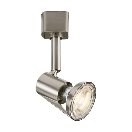 This GU10 Track Spotlight in Brushed Chrome boasts a sleek cylindrical design and an adjustable lamp head for precise directional lighting. It emits a warm, dimmable glow when turned on.
