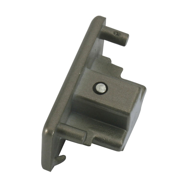 The Single Circuit Track Dead End Cap in satin nickel is a gray, rectangular bracket featuring a central cylindrical protrusion, screw hole, and flat edge with two mounting pins and a hook on one side.