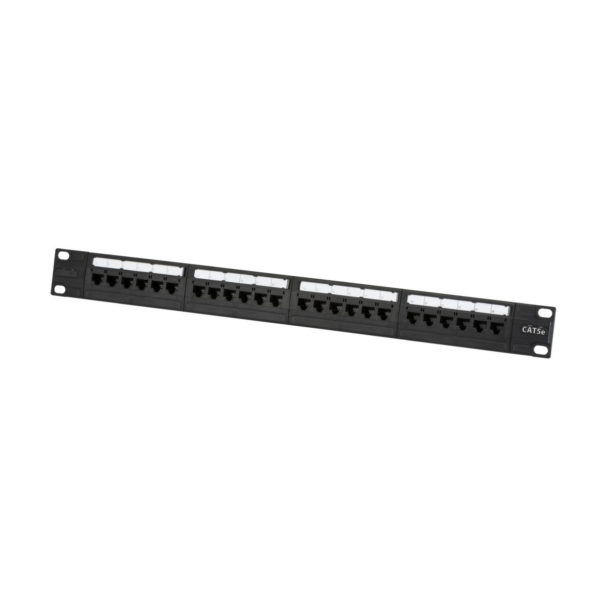 A black 19-inch 1U patch panel with 24 labeled slots for Ethernet cables is designed for seamless integration. It features mounting holes on each end for easy installation in a rackmount and is compatible with UTP CAT5e systems.