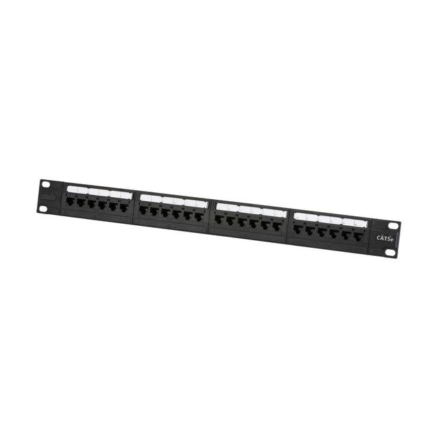 A black 19-inch 1U patch panel with 24 labeled slots for Ethernet cables is designed for seamless integration. It features mounting holes on each end for easy installation in a rackmount and is compatible with UTP CAT5e systems.
