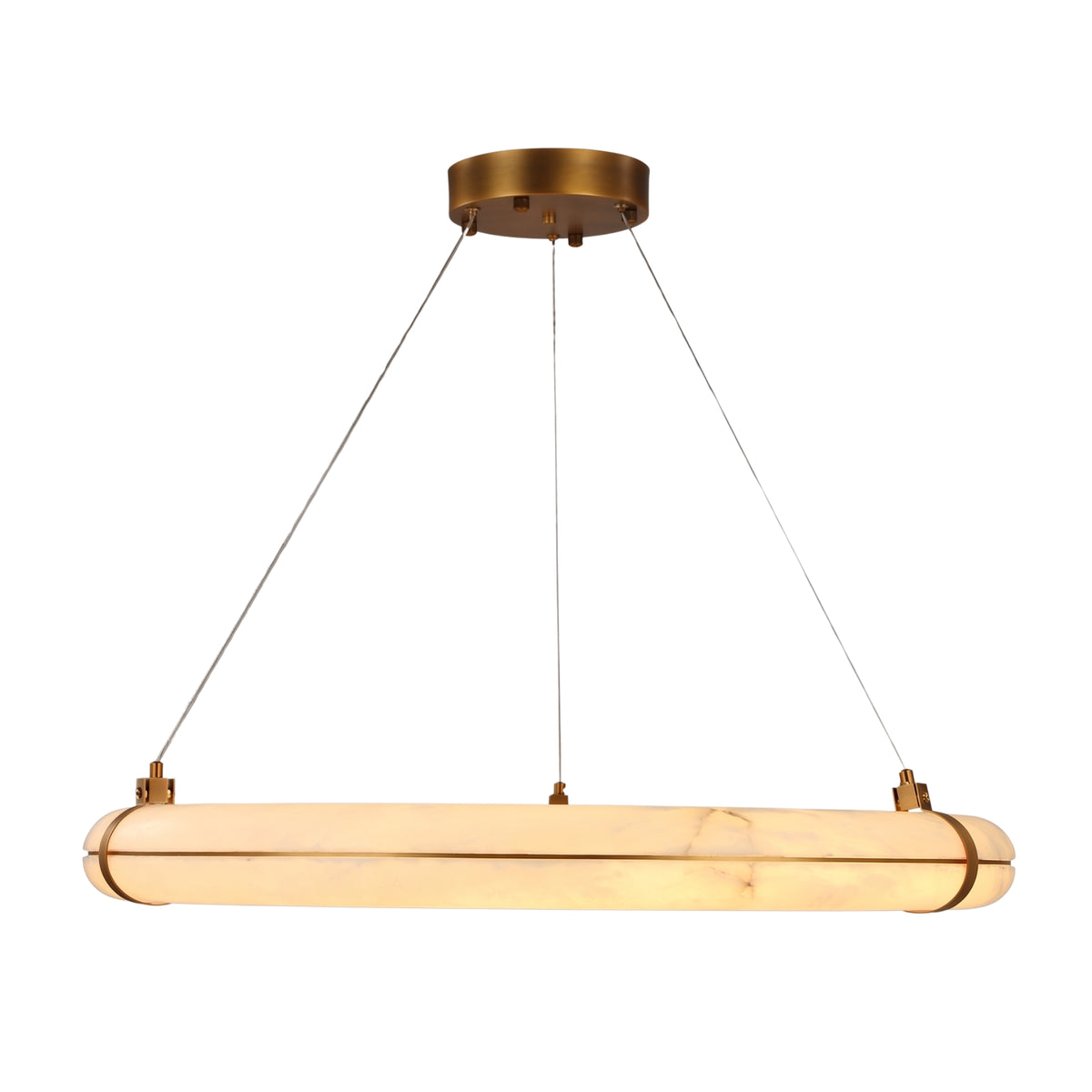 Aureon LED 1m alabaster ring chandelier, elongated oval alabaster tube pendant with brushed brass brackets and round ceiling canopy, suspended on cables against a plain white background.