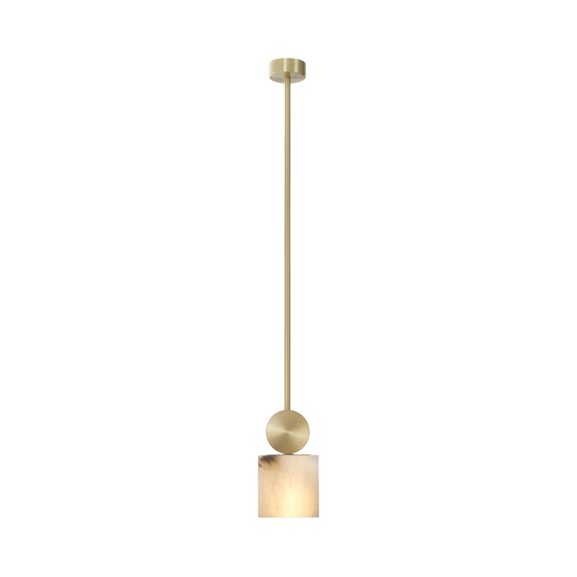 The Serano 1 Light Medium Vertical Pillar Alabaster Single Pendant Light in Soft White & Brass showcases a minimalist brass rod with a sphere and a square Spanish alabaster fixture, suspended against a white background.