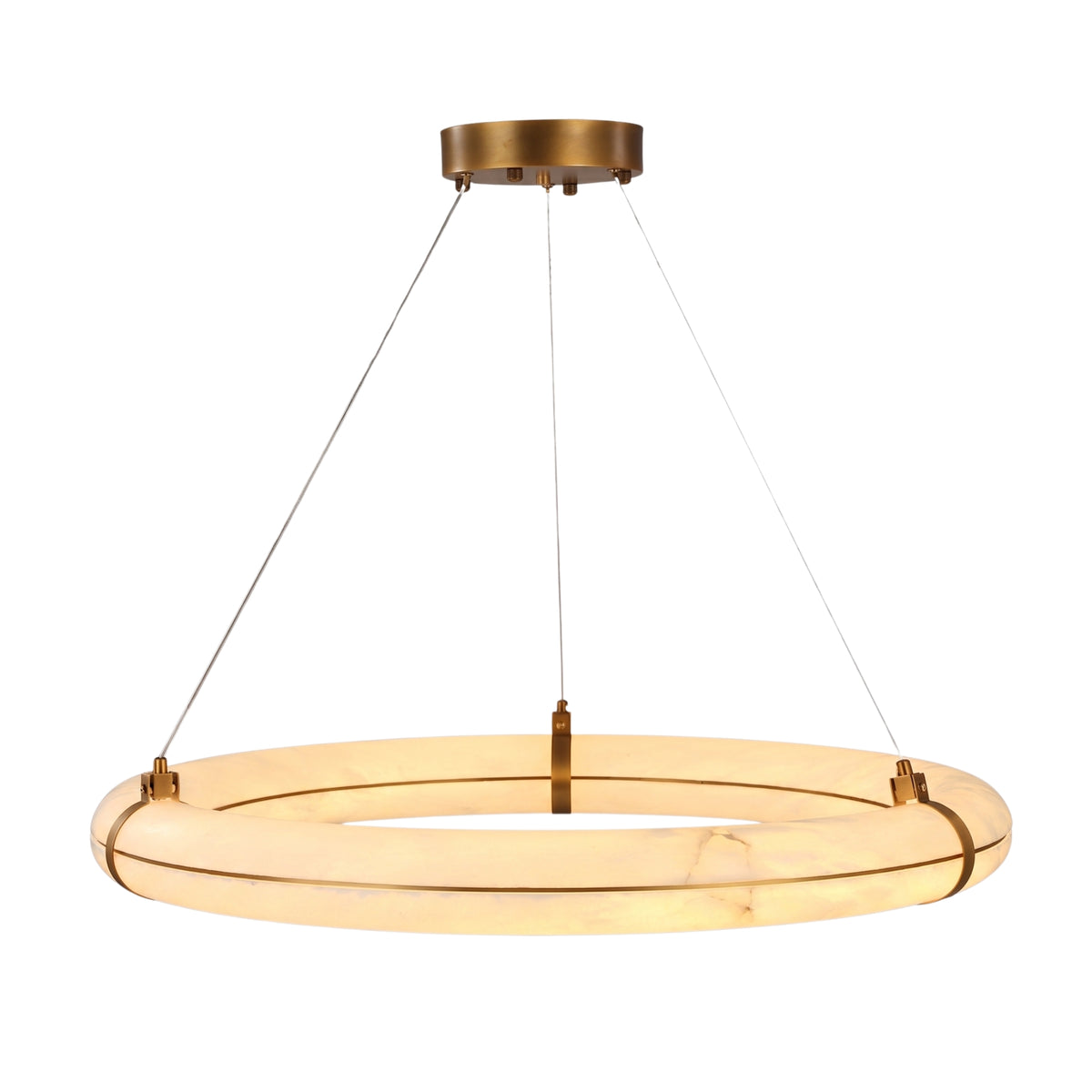 Aureon LED 1m Alabaster Ring Chandelier in brushed brass, a circular alabaster pendant light on cable suspension against a plain white background.