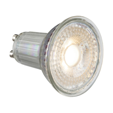 A close-up of the 5W COB GU10 Dimmable LED Bulb - 2700K, showcasing its reflective surface and warm white light source. The bulb is encased in glass and features a two-pin base, glowing to highlight its design and structure as an ideal LED replacement.