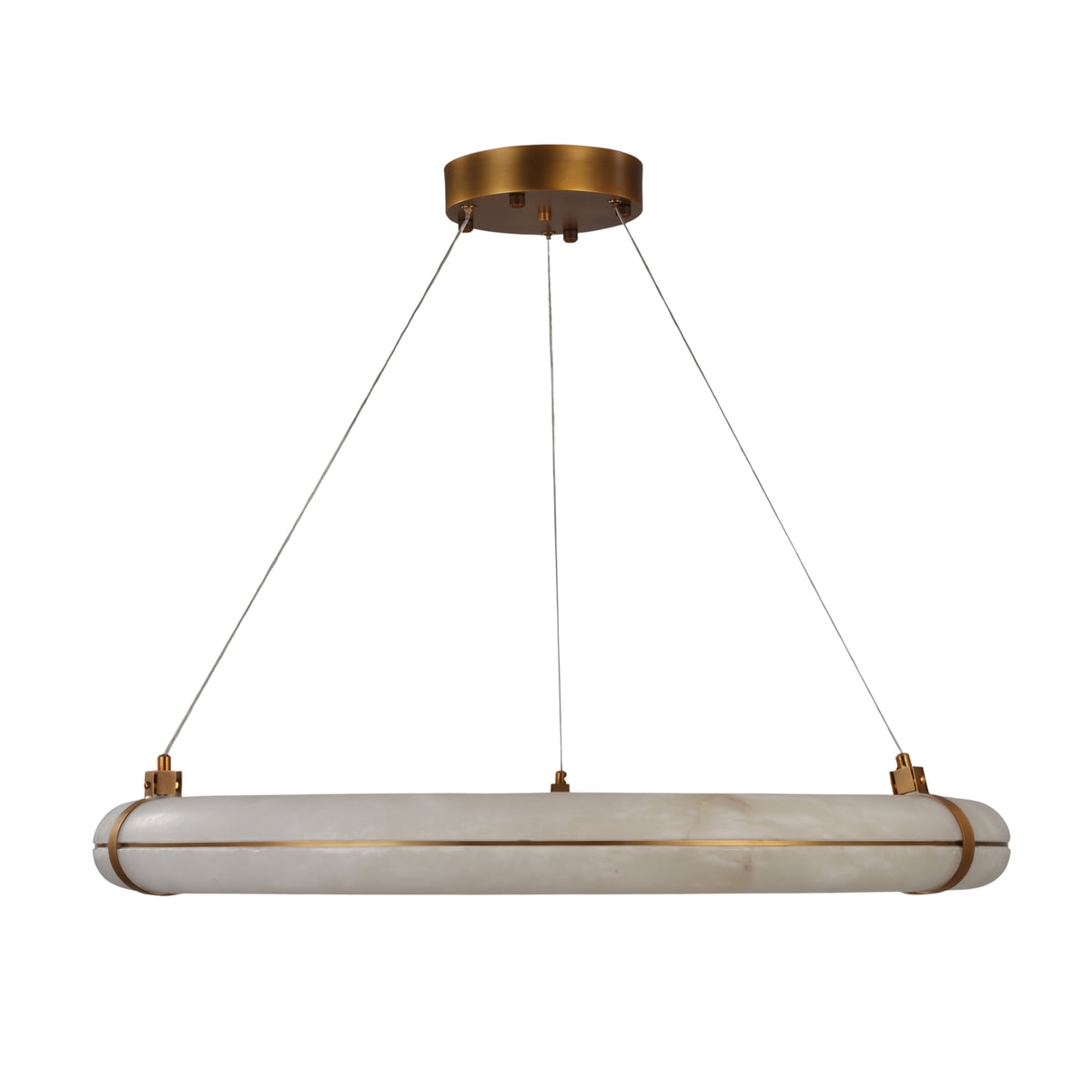 Aureon LED 1m Alabaster Ring Chandelier in brushed brass, a horizontal cylindrical alabaster pendant light suspended by three cables from a round ceiling plate, shown on a plain white background.