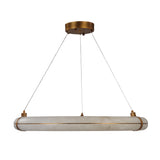 Aureon LED 1m Alabaster Ring Chandelier in brushed brass, a horizontal cylindrical alabaster pendant light suspended by three cables from a round ceiling plate, shown on a plain white background.