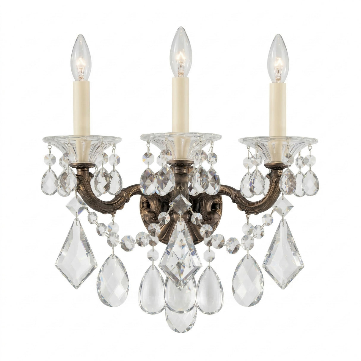 The Vienna 3 Light K9 Crystal Wall Light features three ornate brass arms, candle-style bulbs, and clear K9 crystal prisms and beads, all displayed against a white background.