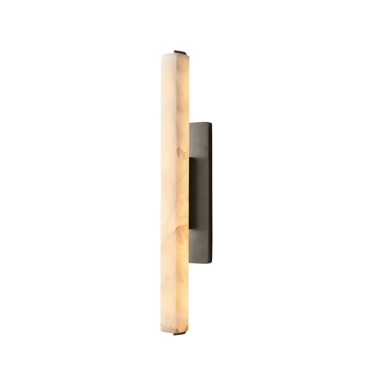 The Selvara LED Medium Alabaster Wall Light in Matte Black & Soft White features a vertical, cylindrical shade and rectangular backplate, offering striking modern accent lighting against a white background.
